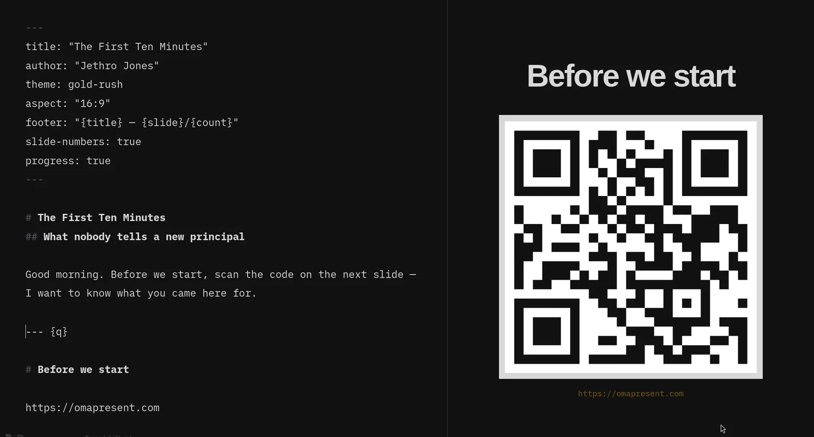 The Omapresent editor: Markdown source on the left, the live slide rendered on the right.
