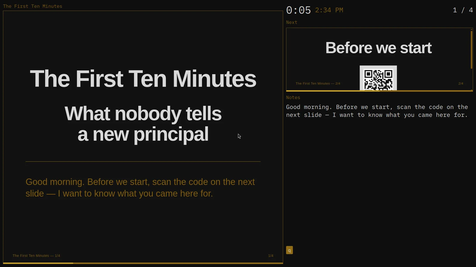 The Omapresent presenter window: current slide, elapsed timer, wall clock, next-slide preview, speaker notes and a recall key badge.